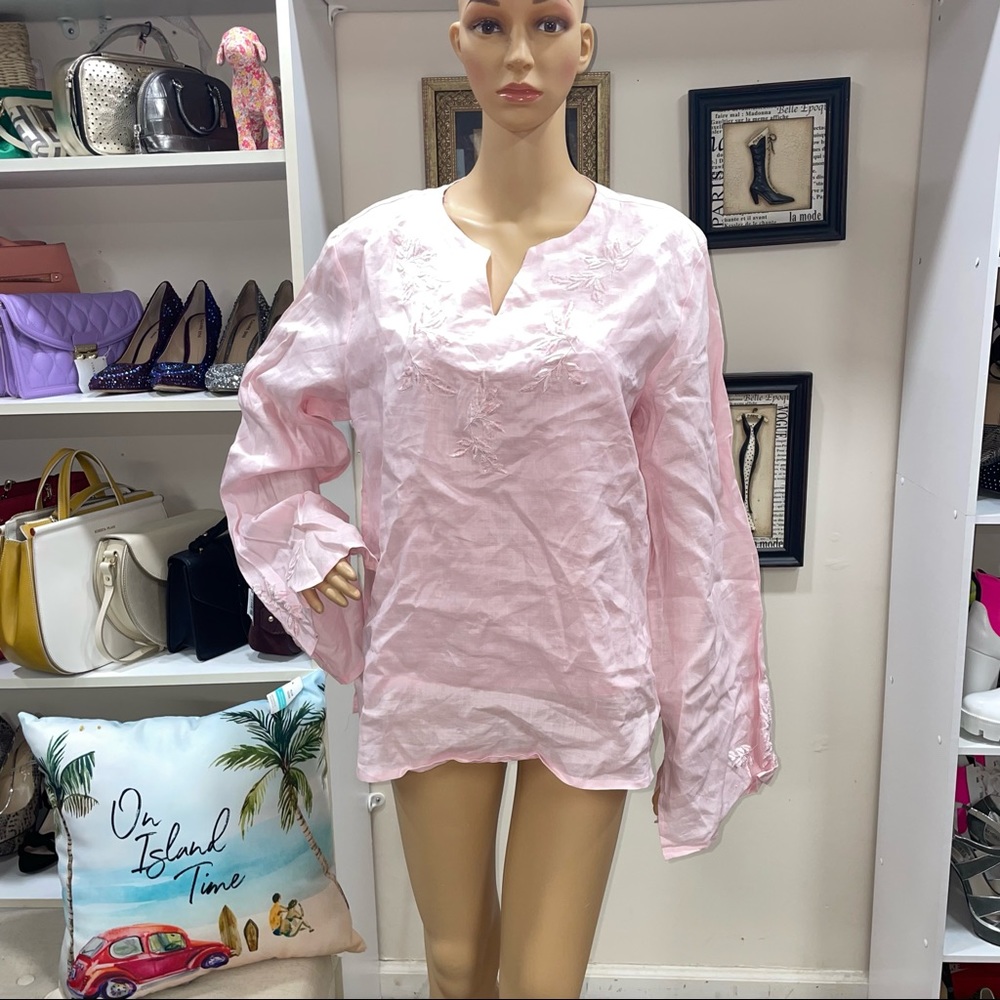 Jessica Taylor Soft Pink Linen Embroidered V-Neck Long Sleeve Top Size 2X